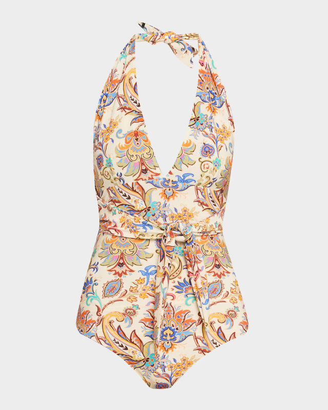 Floral Paisley Belted Halter One-Piece Swimsuit